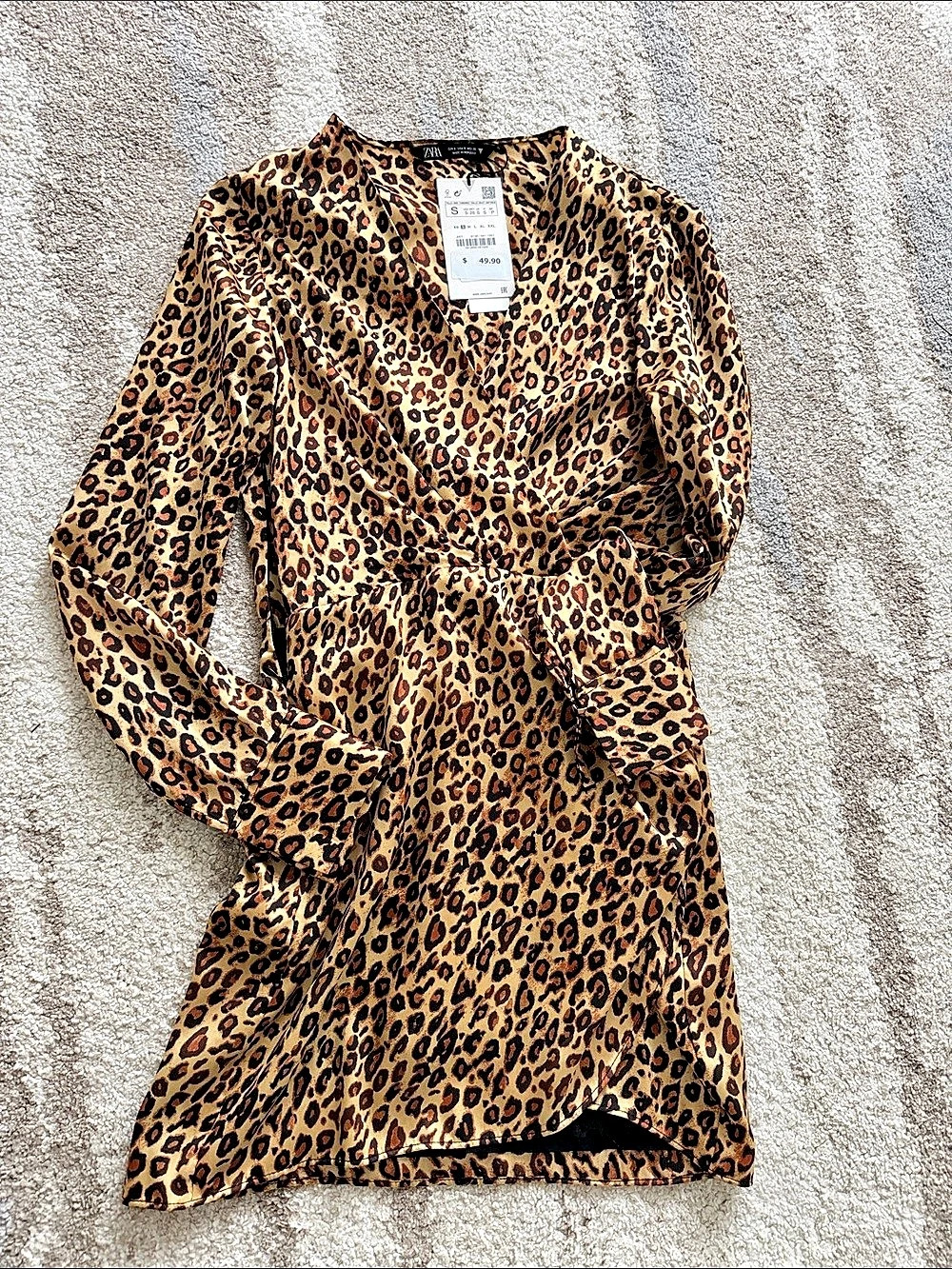 Zara Leopard Print Satin Faux Wrap Mini Dress Size Medium